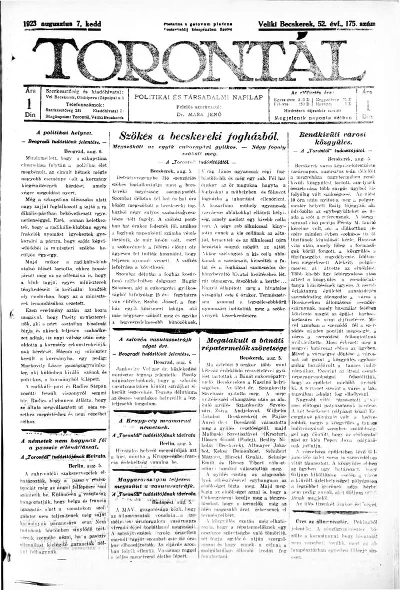 Torontál, 52. évf. 1923. augusztus 7. 175. sz.