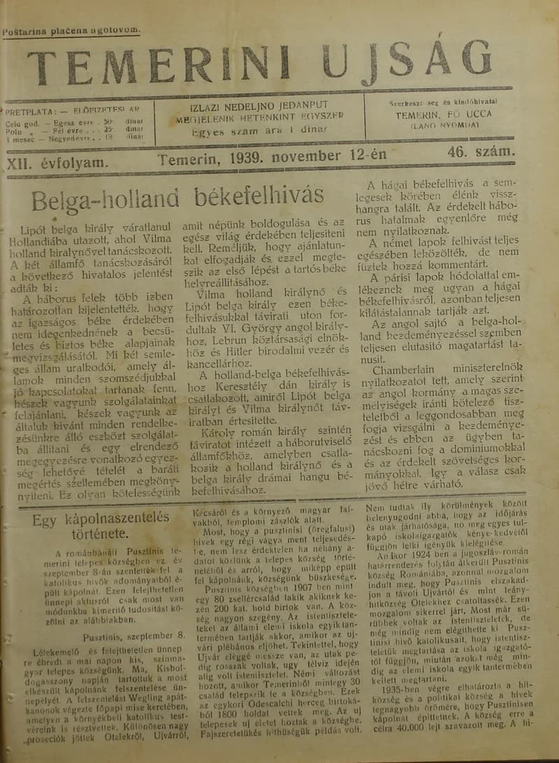 Temerini Újság 1928-1944, 12. évf. 1939. november 12. 46. sz.