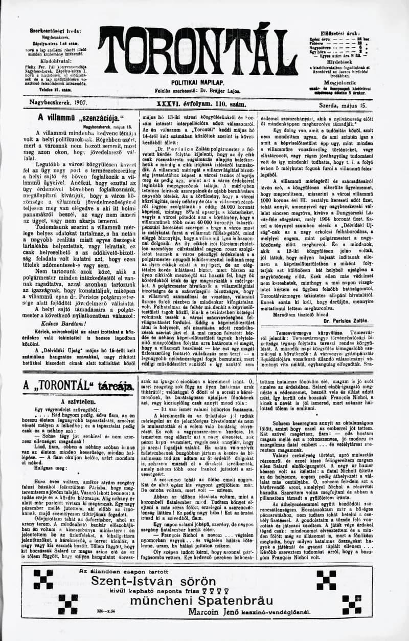 Torontál, 36. évf. 1907. május 15. 110. sz.