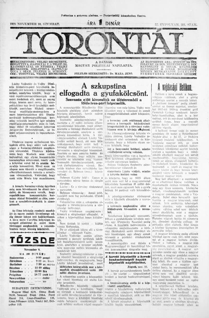 Torontál, 57. évf. 1928. november 10. 261. sz.