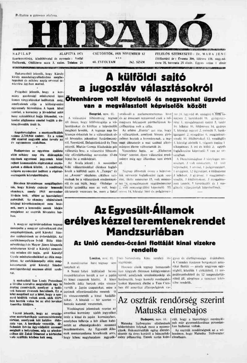 Híradó, 60. évf. 1931. november 12. 262. sz.