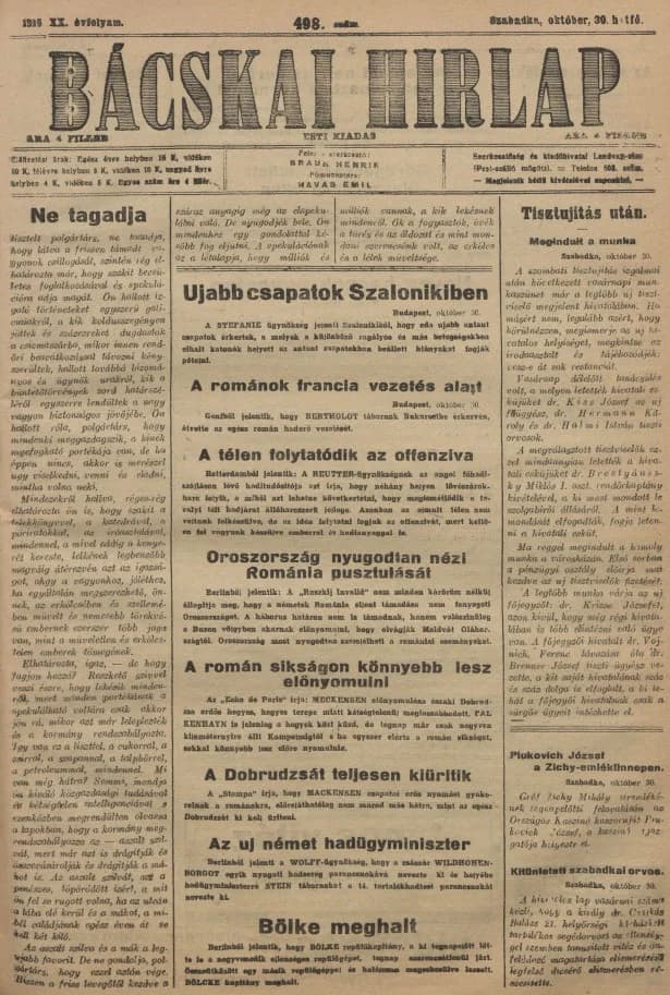 Bácskai Hirlap, 20. évf. 1916. október 30. 498. sz.