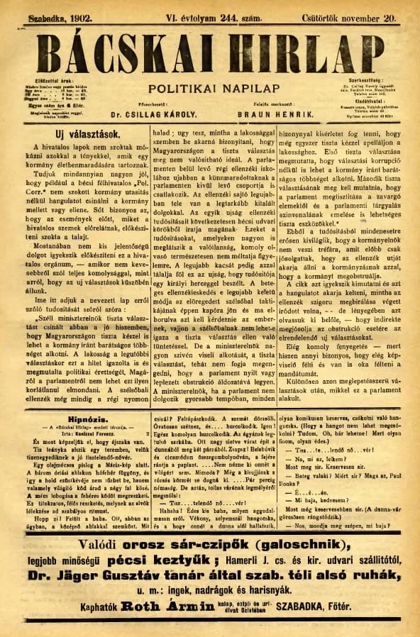 Bácskai Hirlap, 6. évf. 1902. november 20. 244. sz.