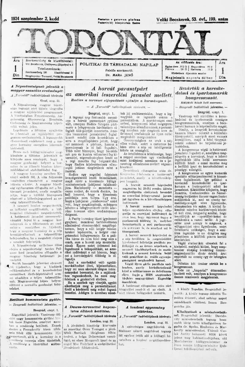 Torontál, 53. évf. 1924. szeptember 2. 199. sz.