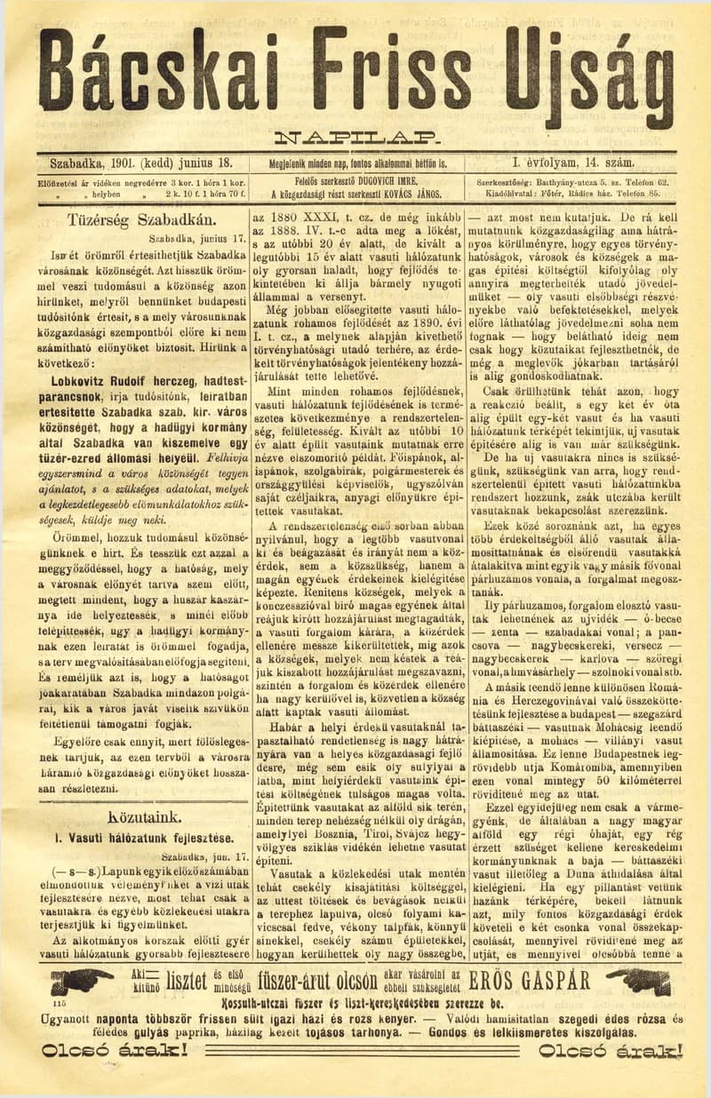 Bácskai Friss Ujság, 1. évf. 1901. június 18. 14. sz.