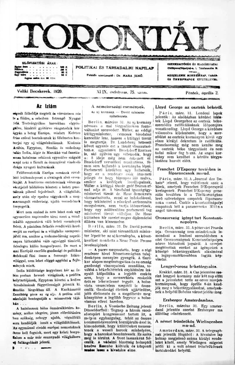 Torontál, 49. évf. 1920. április 2. 75. sz.