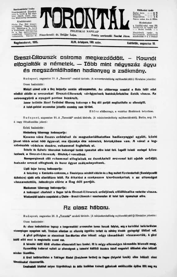 Torontál, 44. évf. 1915. augusztus 19. 189. sz.