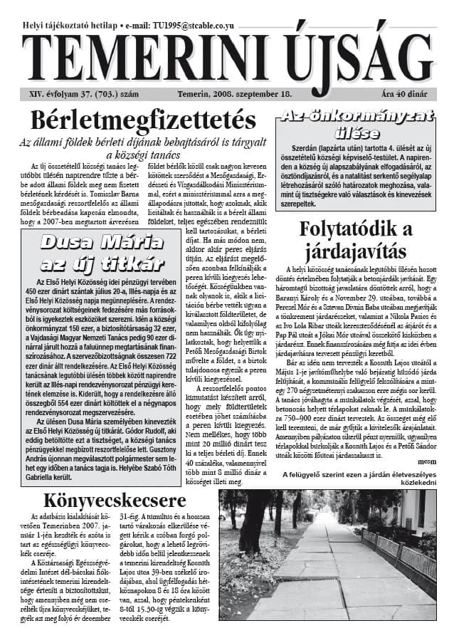 Temerini Újság, 14. évf. 2008. szeptember 18. 37. sz.