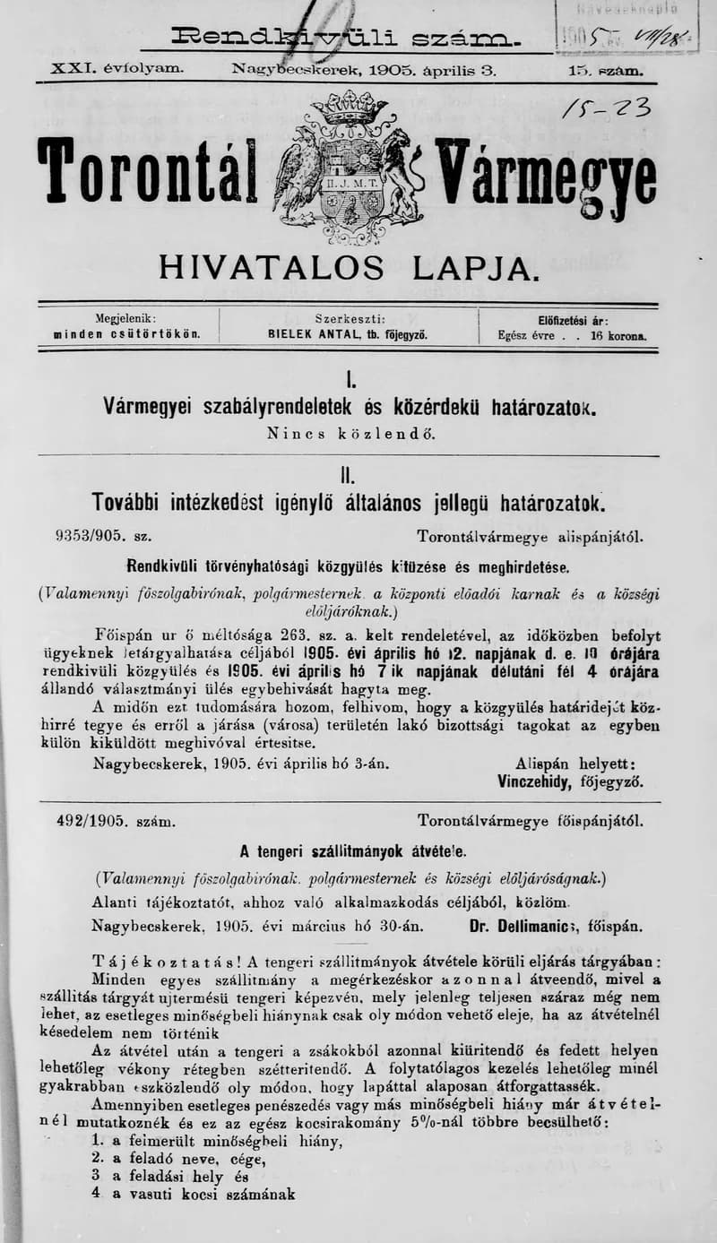 Torontál Vármegye Hivatalos Lapja, 21. évf. 1905. április 3. 15. sz.
