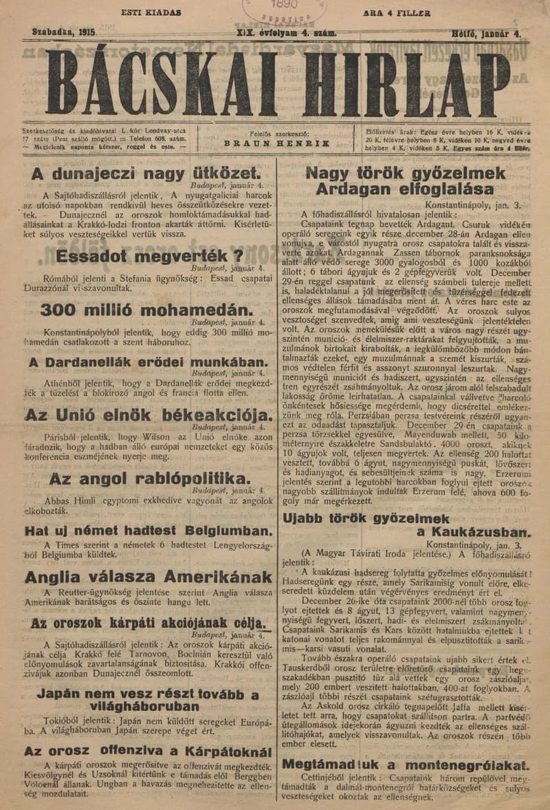 Bácskai Hirlap, 19. évf. 1915. január 4. 4. sz.