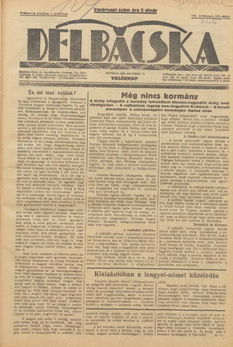 Délbácska, 7. évf. 1926. október 17. 241. sz.