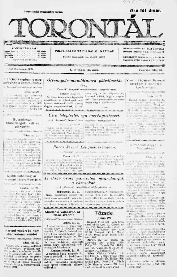 Torontál, 50. évf. 1921. július 31. 165. sz.