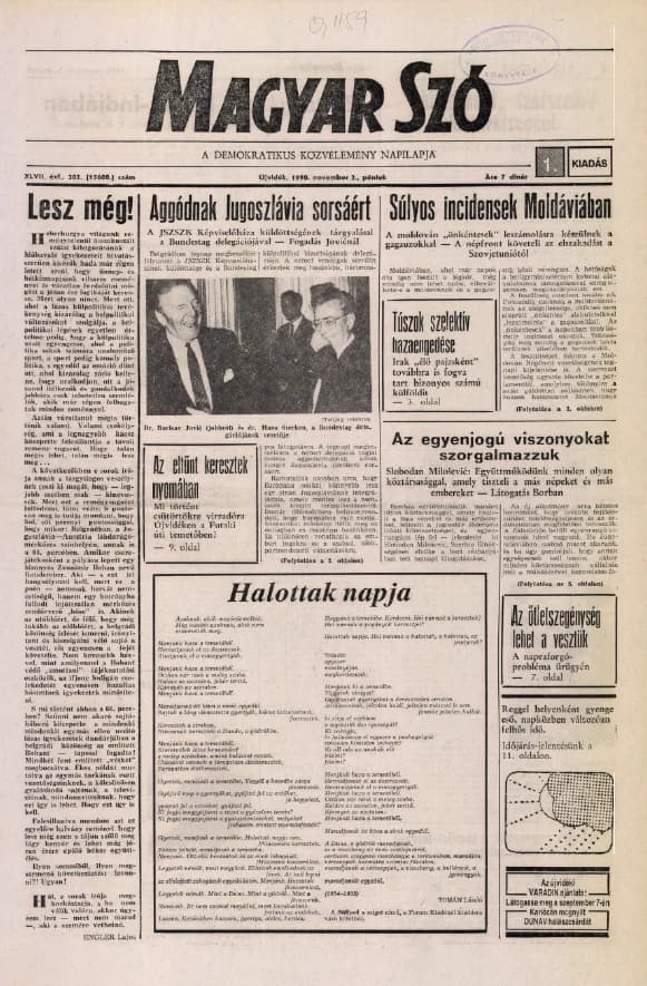 Magyar Szó, 47. évf. 1990. november 2. 302. sz. 1–20. oldal