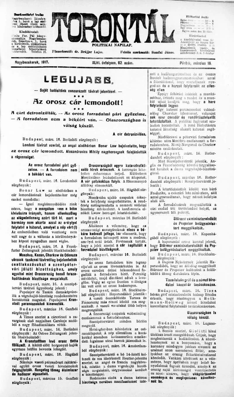 Torontál, 46. évf. 1917. március 16. 62. sz.