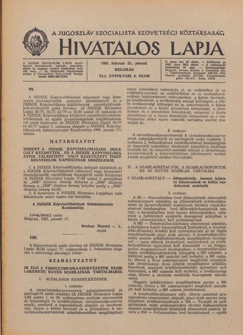 A Jugoszláv Szocialista Szövetségi Köztársaság Hivatalos Lapja, 41. évf. 1985. február 15. 6. sz. 221–248. oldal
