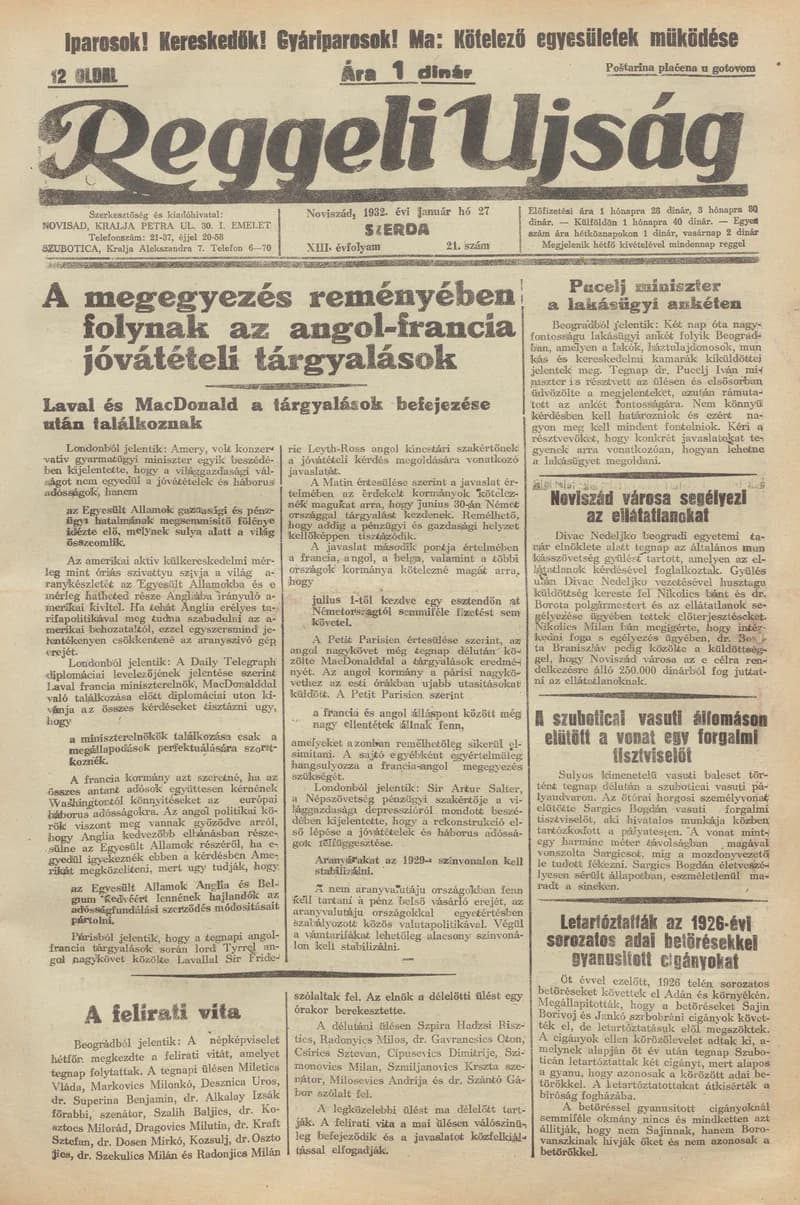 Reggeli Újság, 13. évf. 1932. január 27. 21. sz.
