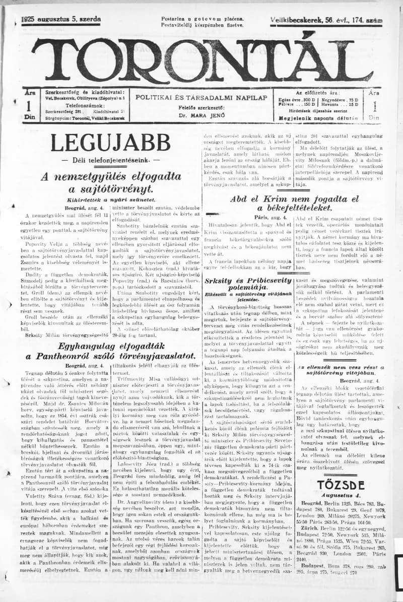 Torontál, 54. évf. 1925. augusztus 5. 174. sz.