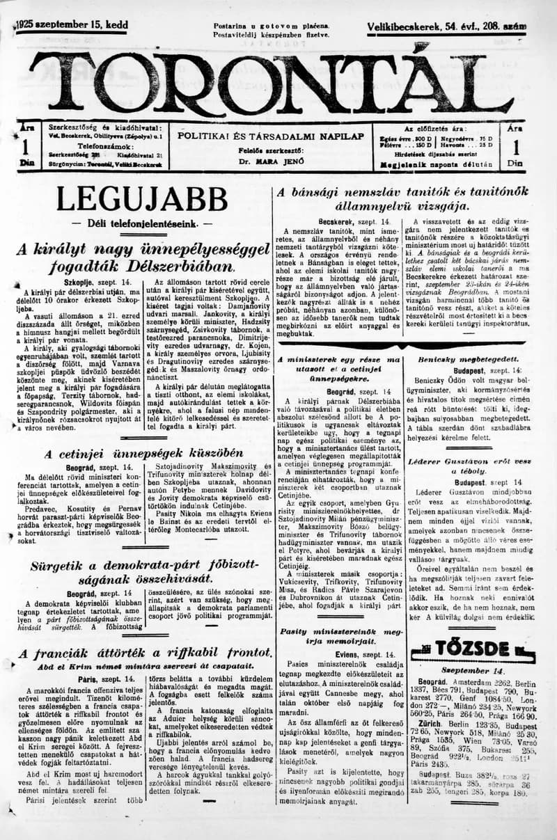 Torontál, 54. évf. 1925. szeptember 15. 208. sz.