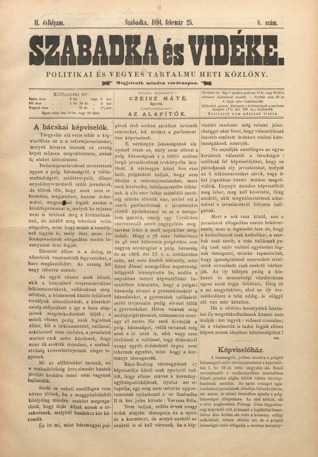 Szabadka és vidéke II, 2. évf. 1894. február 25. 8. sz.