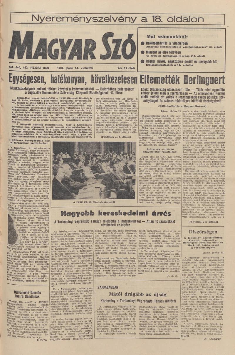 Magyar Szó, 41. évf. 1984. június 14. 162. sz. 1–20. oldal
