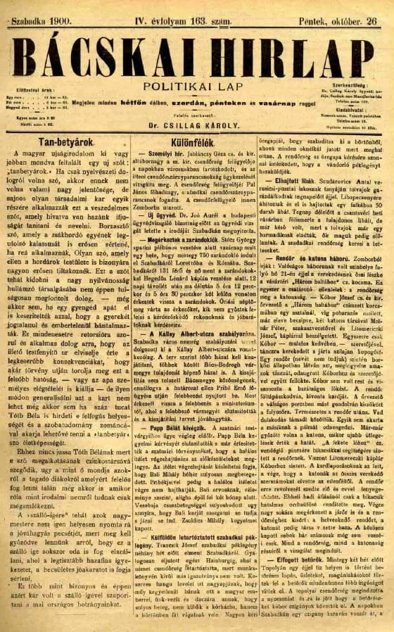 Bácskai Hirlap, 4. évf. 1900. október 26. 163. sz.