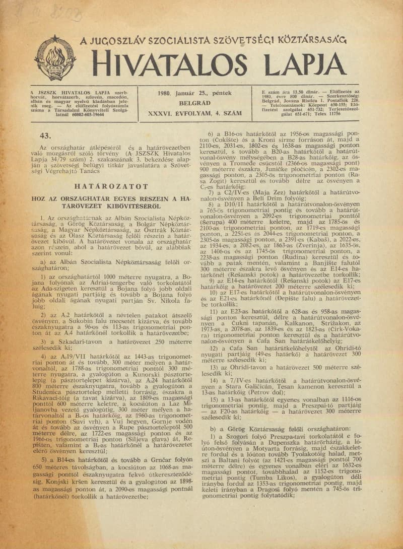 A Jugoszláv Szocialista Szövetségi Köztársaság Hivatalos Lapja, 36. évf. 1980. január 25. 4. sz. 113–148. oldal