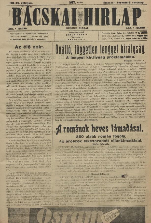 Bácskai Hirlap, 20. évf. 1916. november 5. 507. sz.