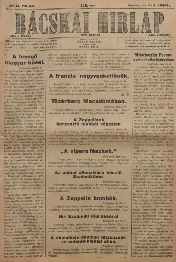 Bácskai Hirlap, 20. évf. 1916. április 6. 158. sz.