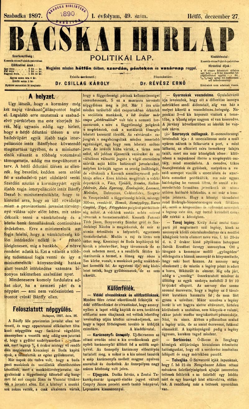 Bácskai Hirlap, 1. évf. 1897. december 27. 49. sz. 1–2. oldal