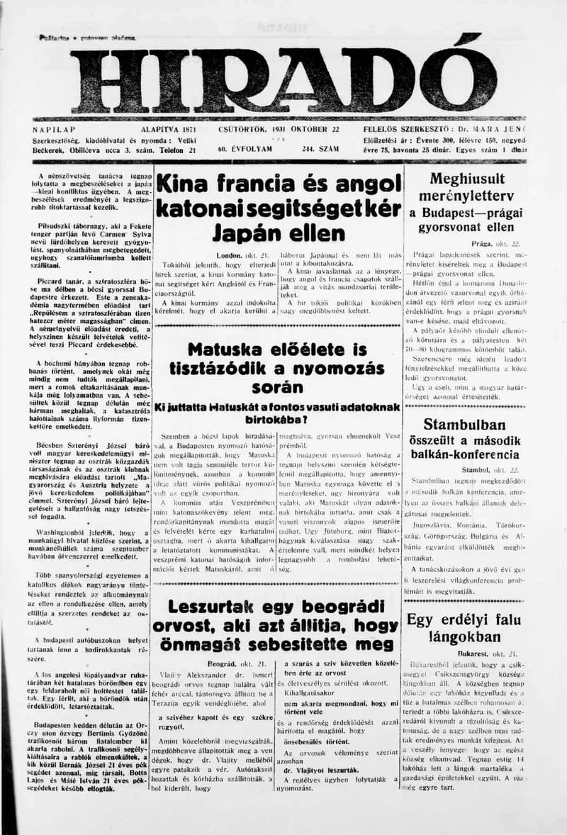 Híradó, 60. évf. 1931. október 22. 244. sz.