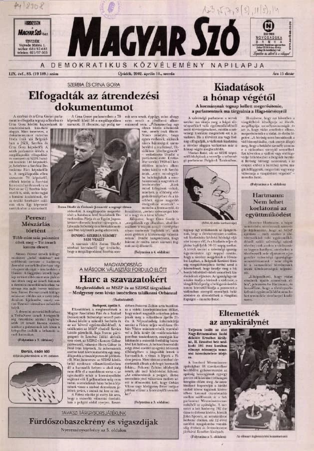 Magyar Szó, 59. évf. 2002. április 10. 83. sz. 1–16. oldal