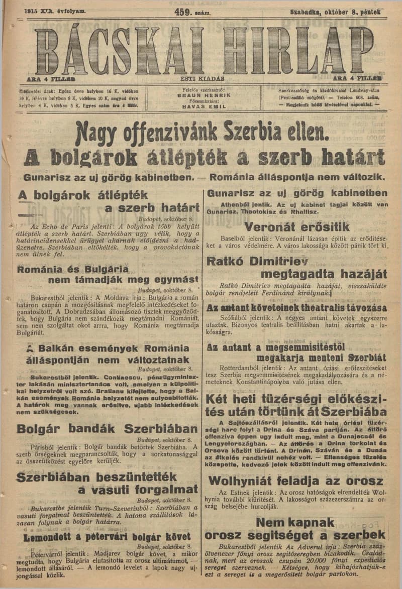 Bácskai Hirlap, 19. évf. 1915. október 8. 459. sz.