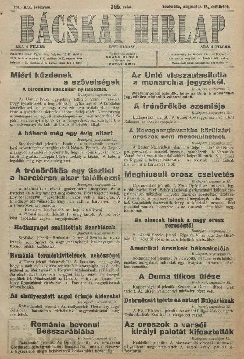 Bácskai Hirlap, 19. évf. 1915. augusztus 12. 365. sz.