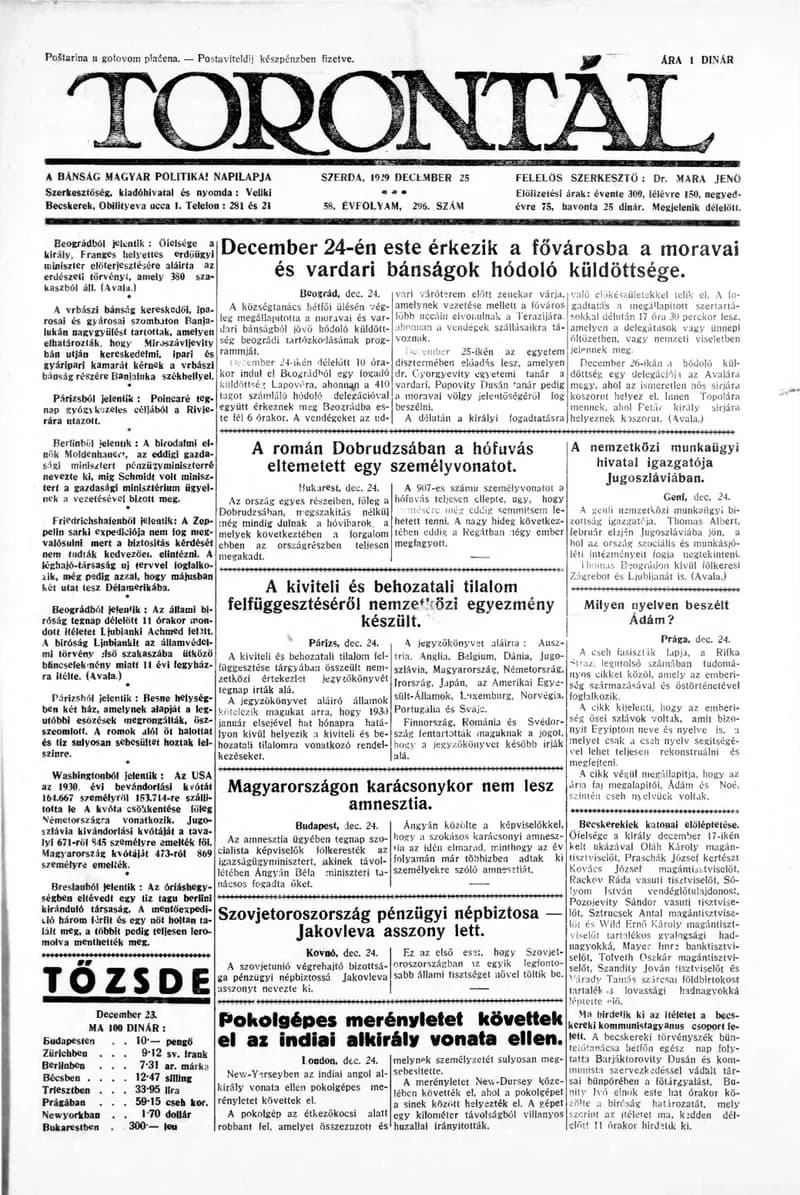 Torontál, 58. évf. 1929. december 25. 296. sz.