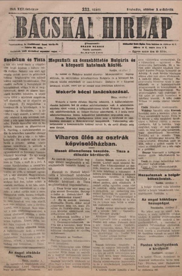 Bácskai Hirlap, 22. évf. 1918. október 3. 222. sz.