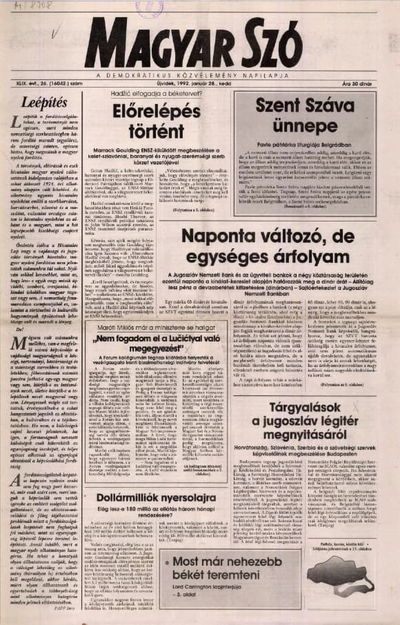 Magyar Szó, 49. évf. 1992. január 28. 26. sz. 1–20. oldal