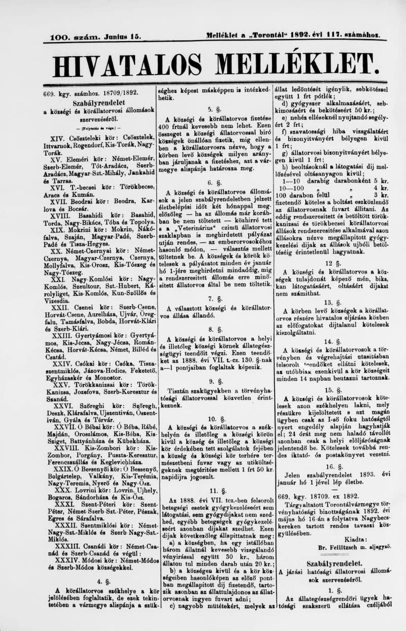 A Totontál  hivatalos melléklete, 5. évf. 1892. június 15. 100. sz.