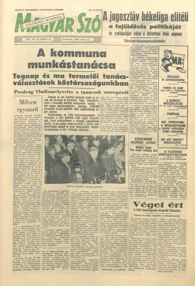 Magyar Szó, 17. évf. 1960. március 27. 73. sz. 1–28. oldal