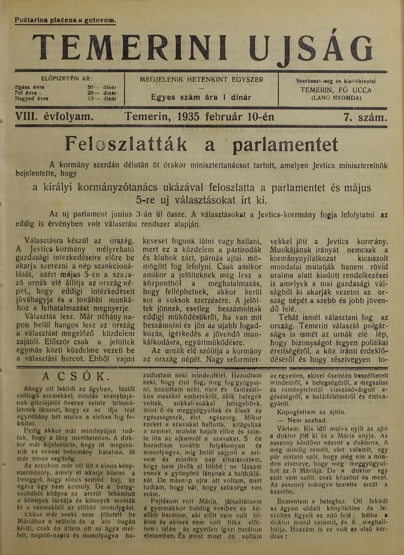 Temerini Újság 1928-1944, 8. évf. 1935. február 10. 7. sz.