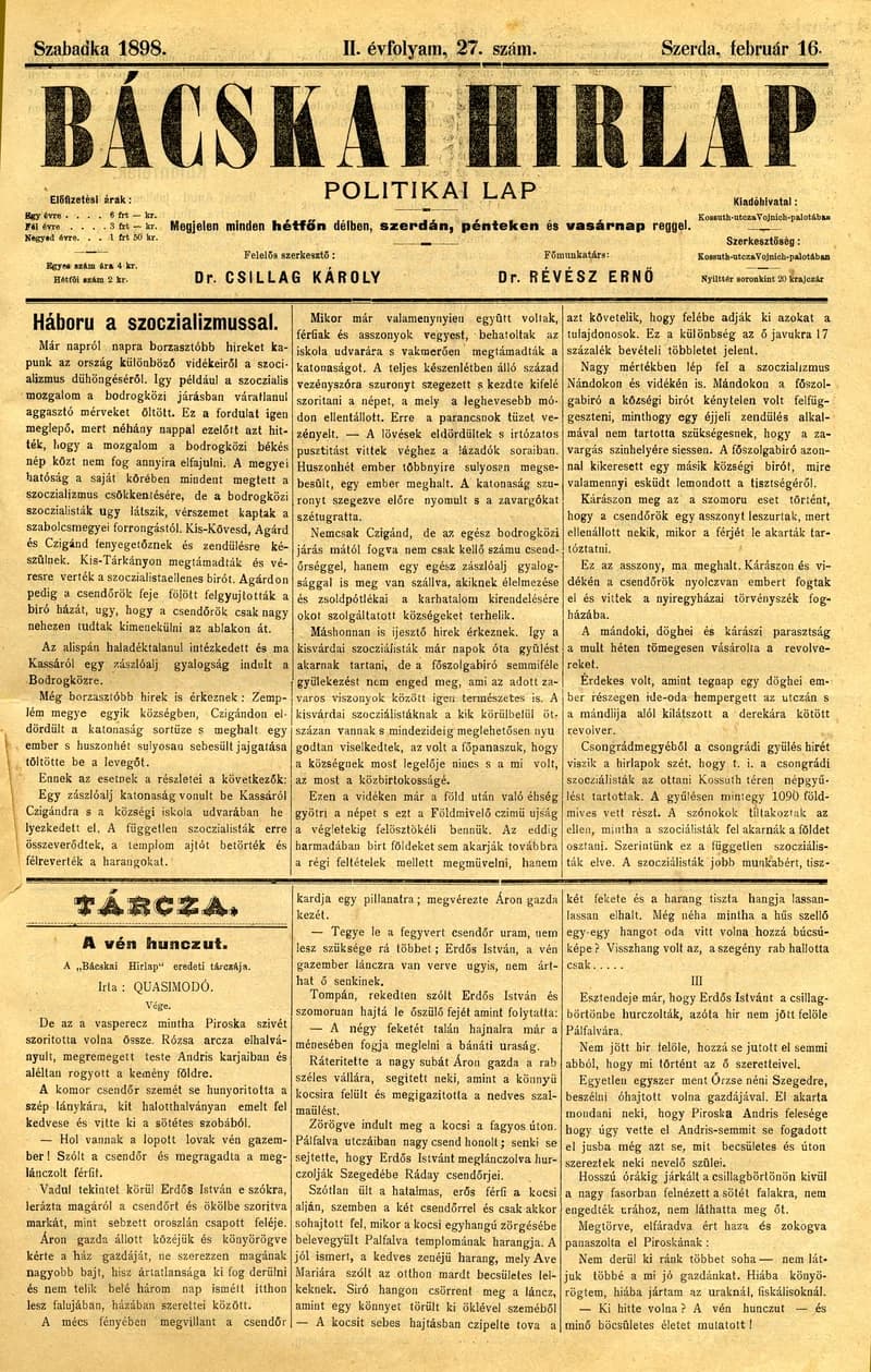 Bácskai Hirlap, 2. évf. 1898. február 16. 27. sz. 1–4. oldal