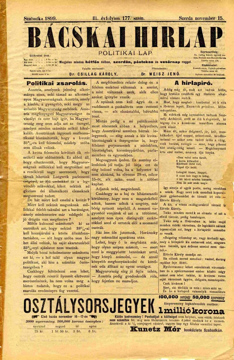 Bácskai Hirlap, 3. évf. 1899. november 15. 177. sz.