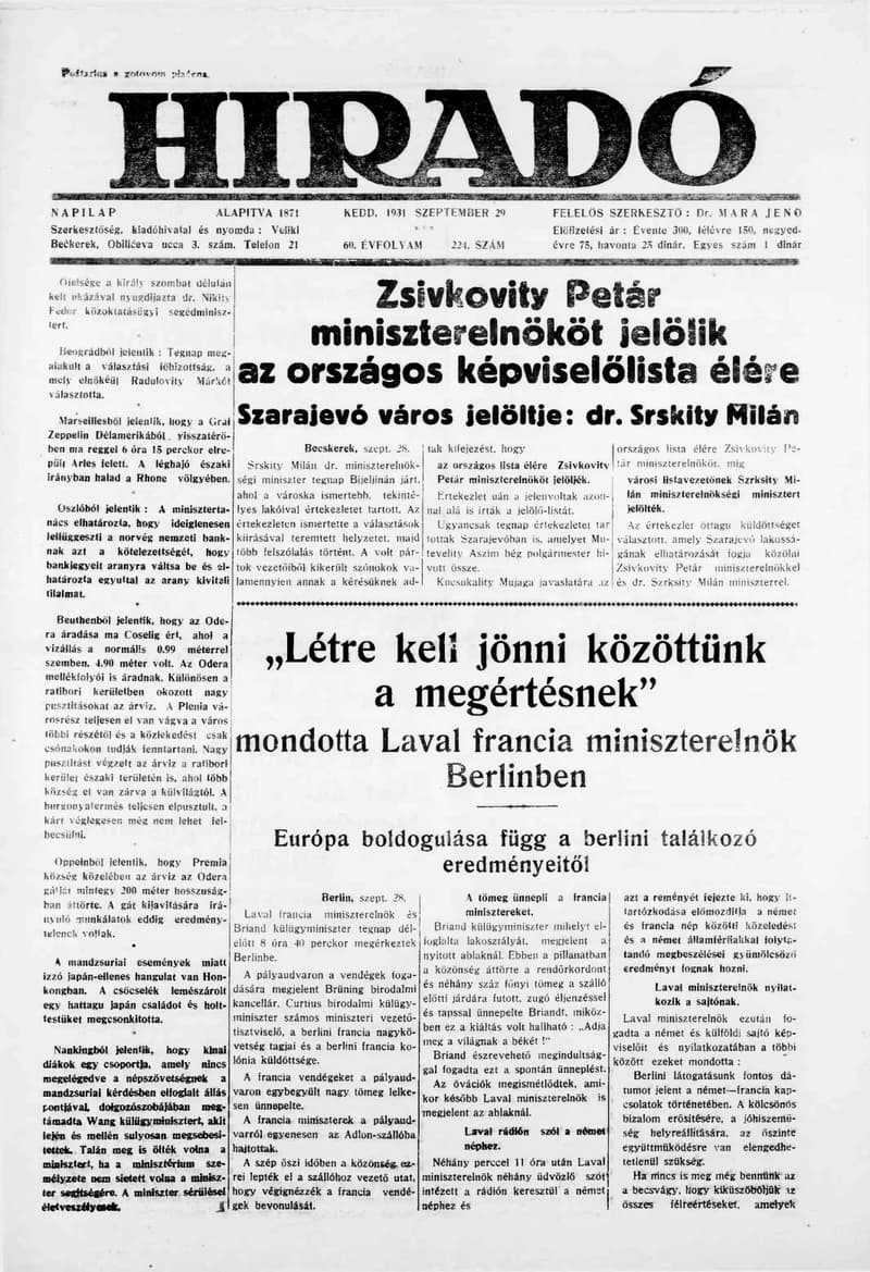 Híradó, 60. évf. 1931. szeptember 29. 224. sz.