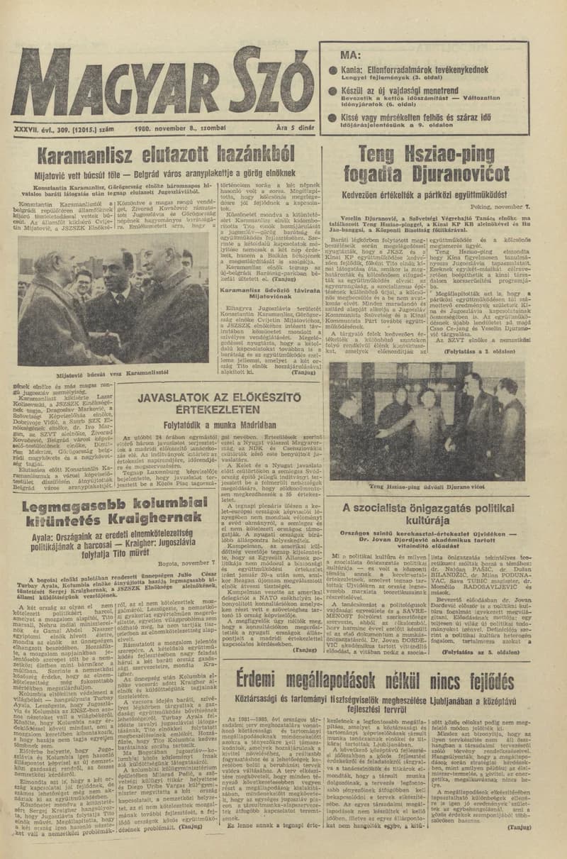 Magyar Szó, 37. évf. 1980. november 8. 309. sz. 1–20. oldal