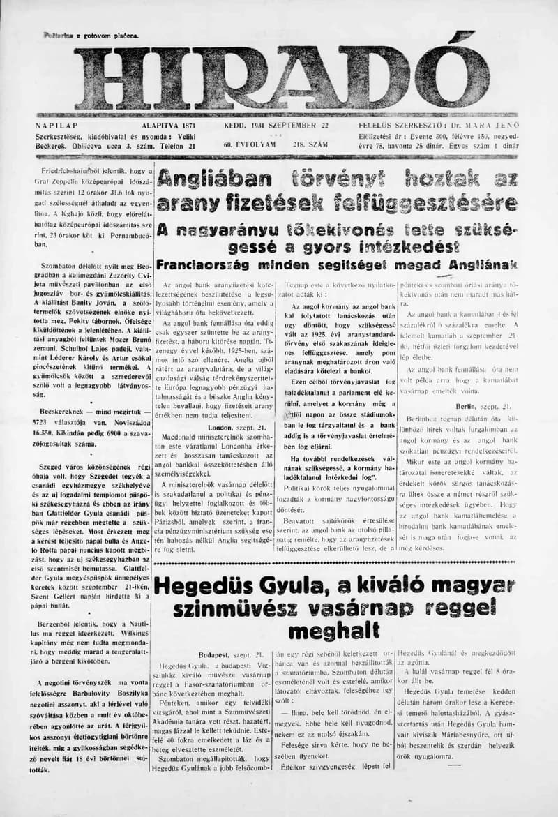 Híradó, 60. évf. 1931. szeptember 22. 218. sz.