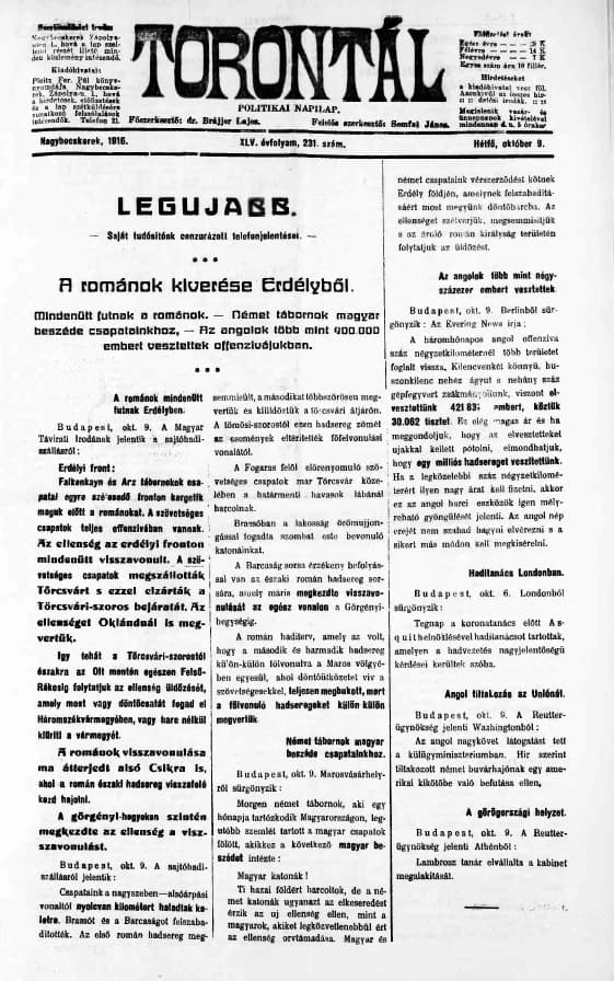 Torontál, 45. évf. 1916. október 9. 231. sz.