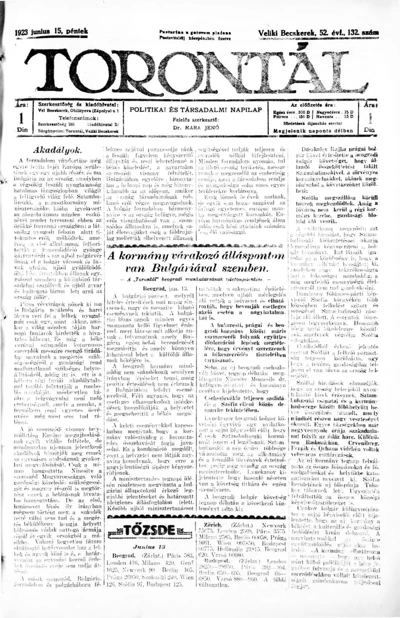 Torontál, 52. évf. 1923. június 15. 132. sz.