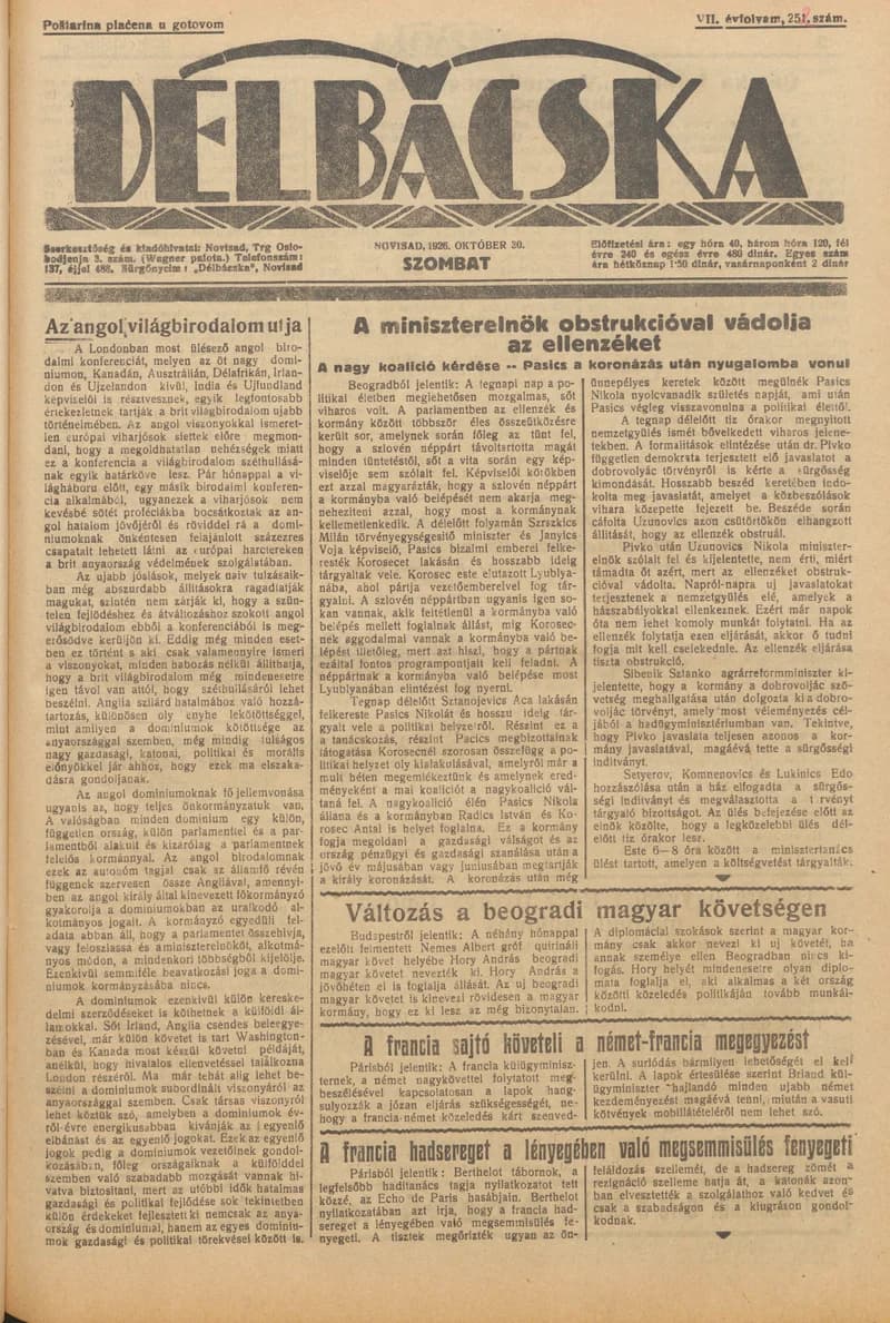 Délbácska, 7. évf. 1926. október 30. 252. sz.