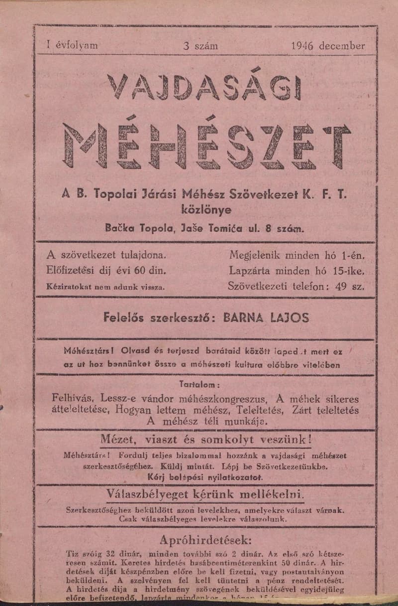 Vajdasági méhészet Bácska Topolya, 1. évf. 1946. december 1. 3. sz.