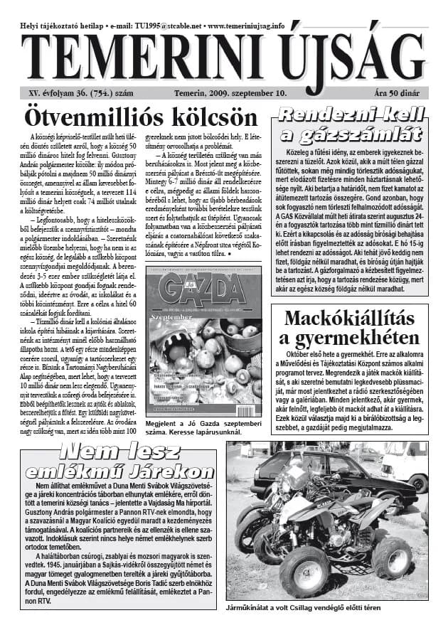 Temerini Újság, 15. évf. 2009. szeptember 10. 36. sz.