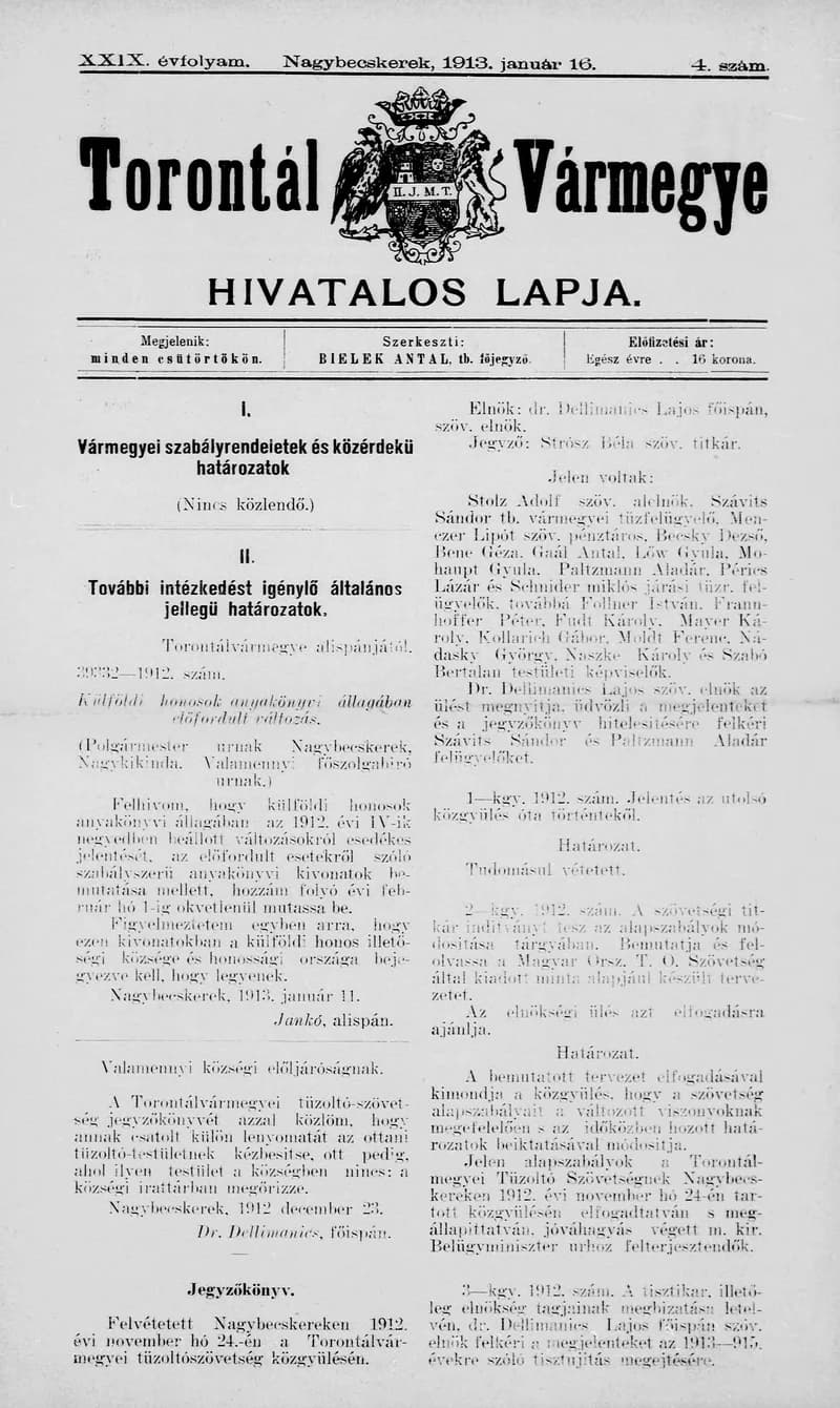 Torontál Vármegye Hivatalos Lapja, 29. évf. 1913. január 16. 4. sz.